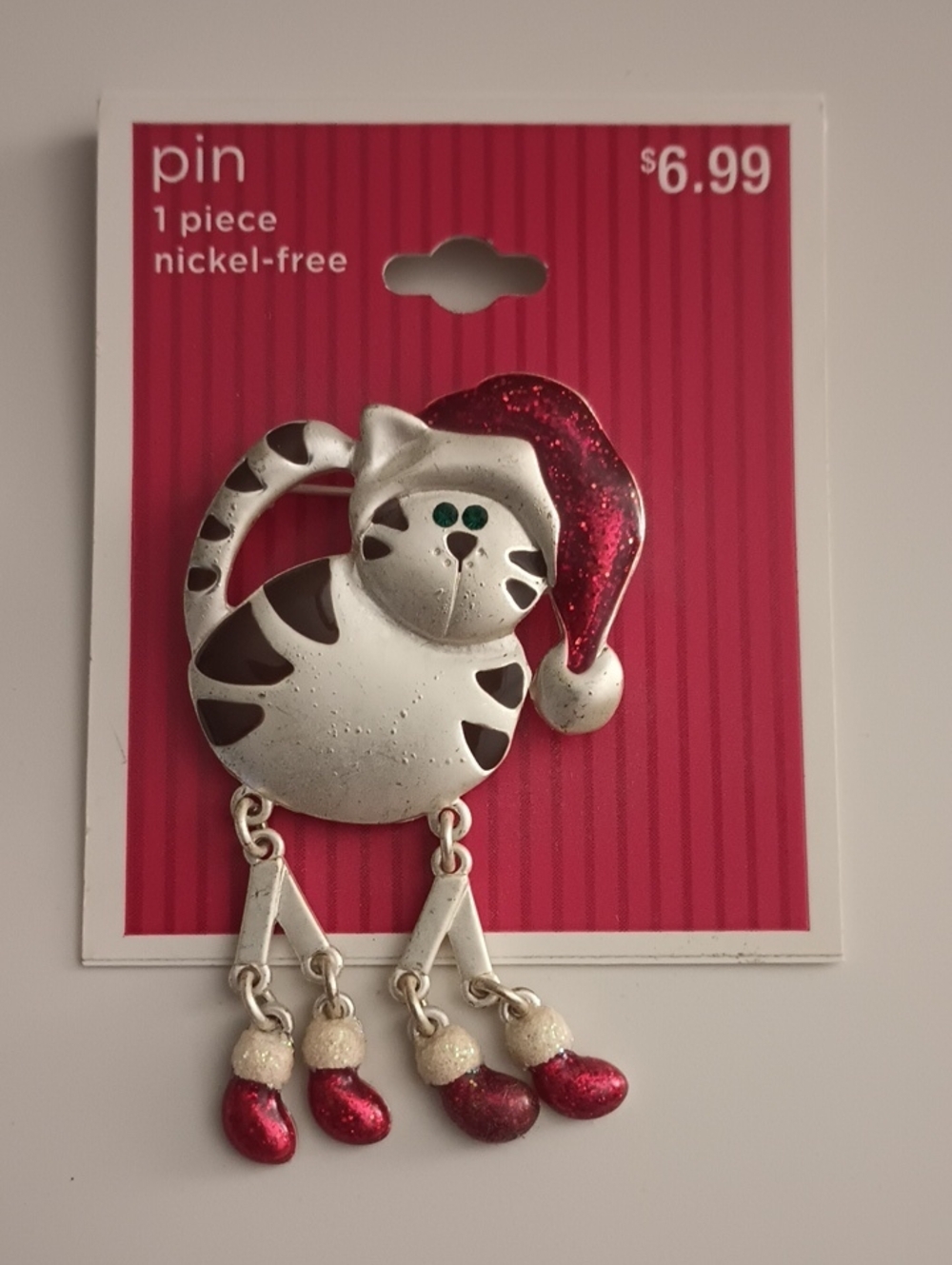 Festive Red and Silver Cat Holiday Pin